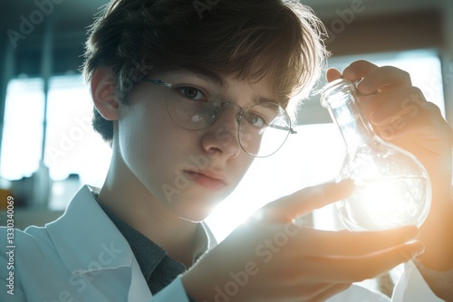 In a well-lit laboratory, a young scientist closely inspects a chemical flask, demonstrating keen interest in his experimentation and the mysteries of science photo