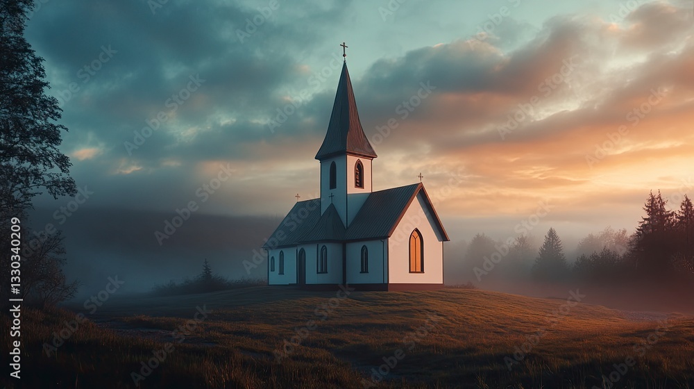 Fototapeta premium Church Building on Hillside with Foggy Morning Sunrise Landscape Scenery