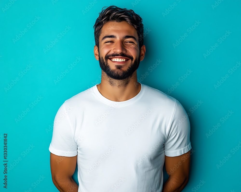 Happy man smiling against teal background. Happy man smiling against teal background.
