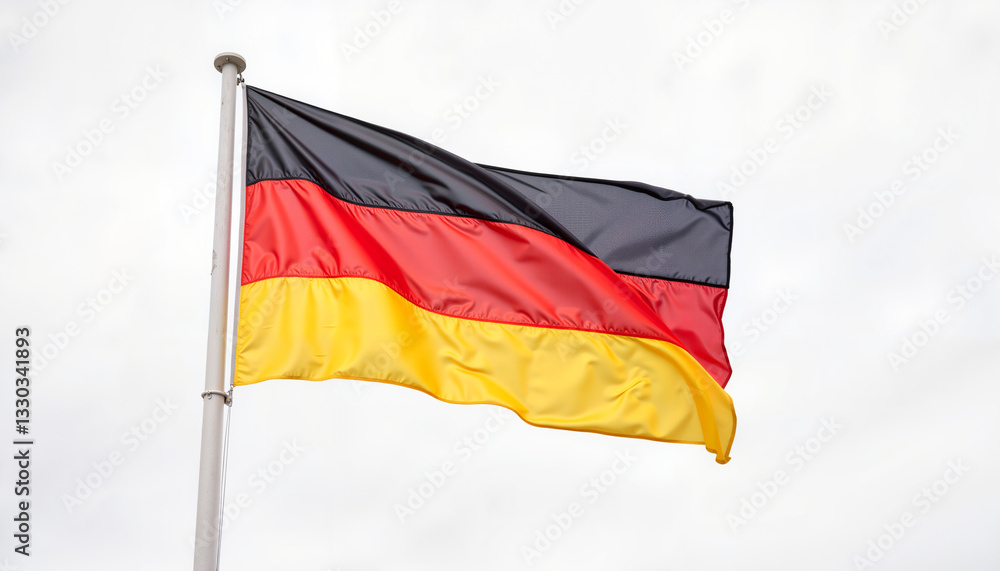 German flag waving in overcast sky, symbol of national pride German flag waving in overcast sky, symbol of national pride