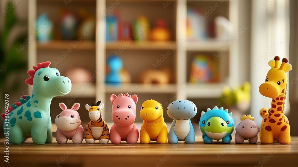Obraz premium Set of different cute toys on wooden table