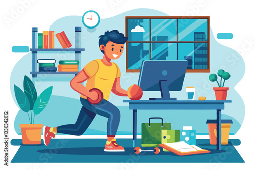 A young man exercises with dumbbells at home, focusing on his fitness routine while using a computer, Training at home Customizable Cartoon Illustration