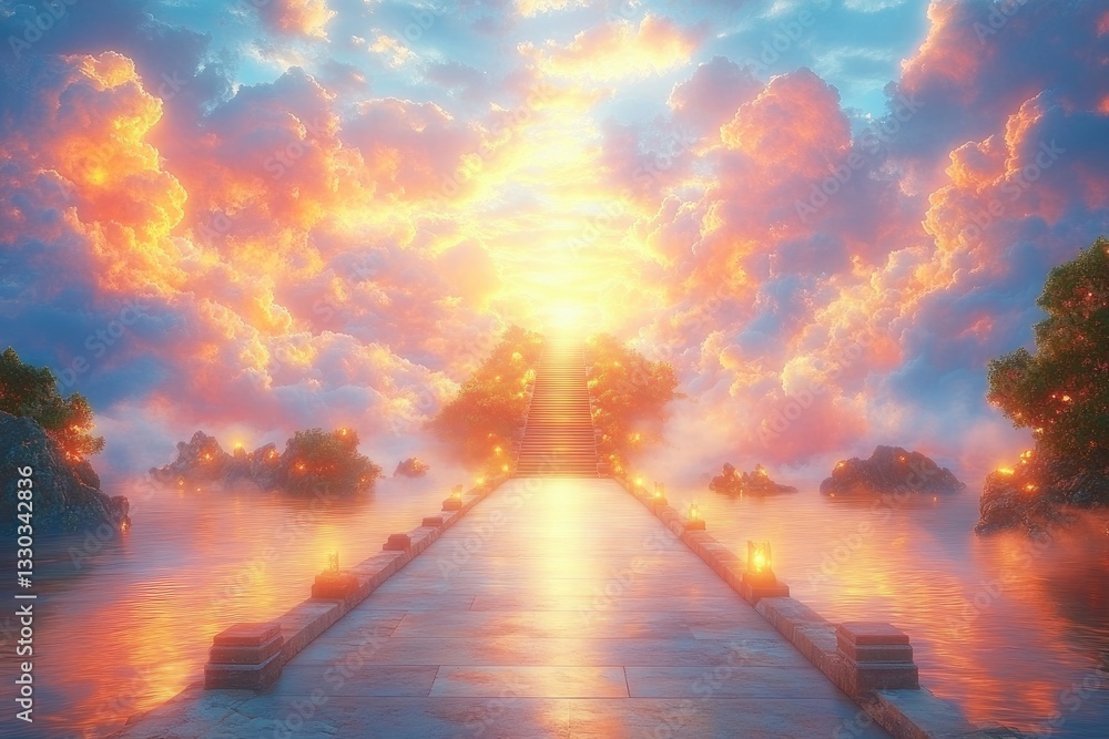 Fototapeta premium Road to paradise - blissful passage, sacred trail, spiritual direction, celestial course, eternal voyage, divine route, transcendental pathway, heavenly track, mystical ascent, ethereal journey.