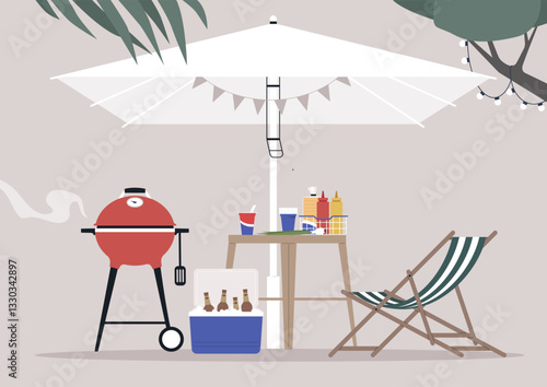 Enjoying summer vibes at a family backyard barbecue under a bright umbrella by a picnic table filled with delicious treats and cold drinks