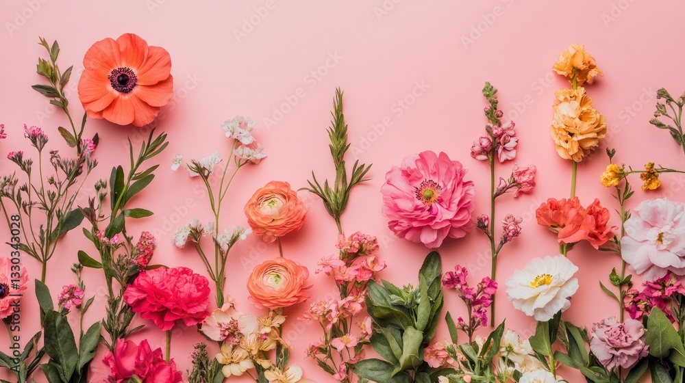 Arrangement of Colorful Flowers on a Pink Background for Floral Designs Arrangement of Colorful Flowers on a Pink Background for Floral Designs