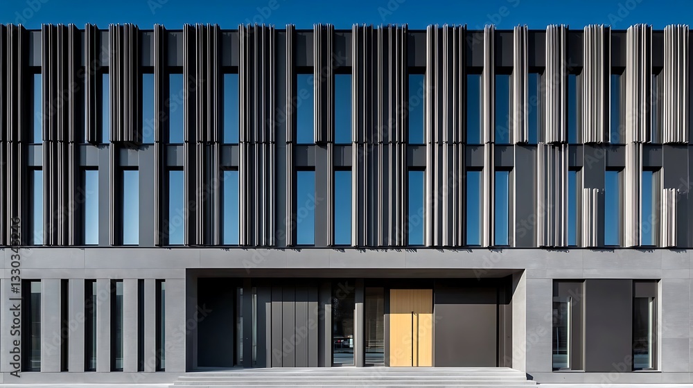Obraz premium Modern architectural facade with rhythmic vertical elements and serene blue sky