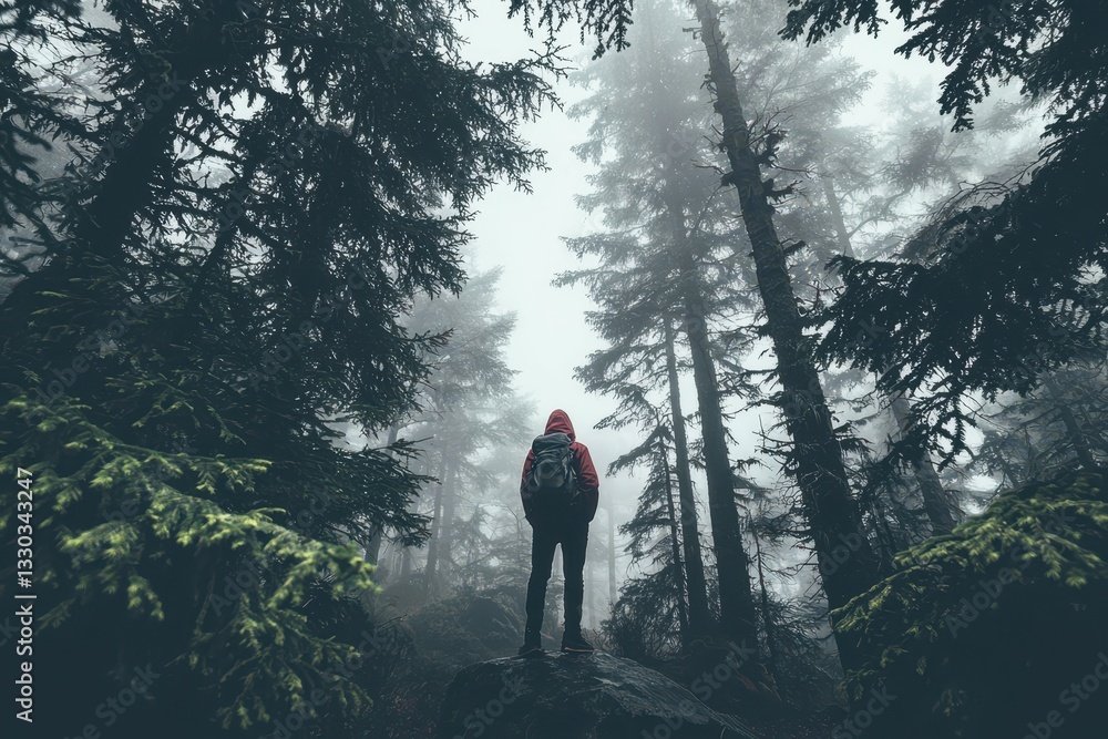 Fototapeta premium Self-Portrait of a Traveler Standing in a Foggy Forest A mysterious, moody shot of a lone traveler standing in the middle of a dense, fog-covered forest.