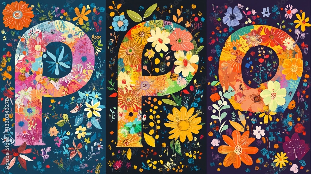 Fototapeta premium Vector set with groovy colorful retro compositions, Peace word with flowers, hippie floral clipart, Groovy retro rainbow with flowers, floral heart vector illustrations 