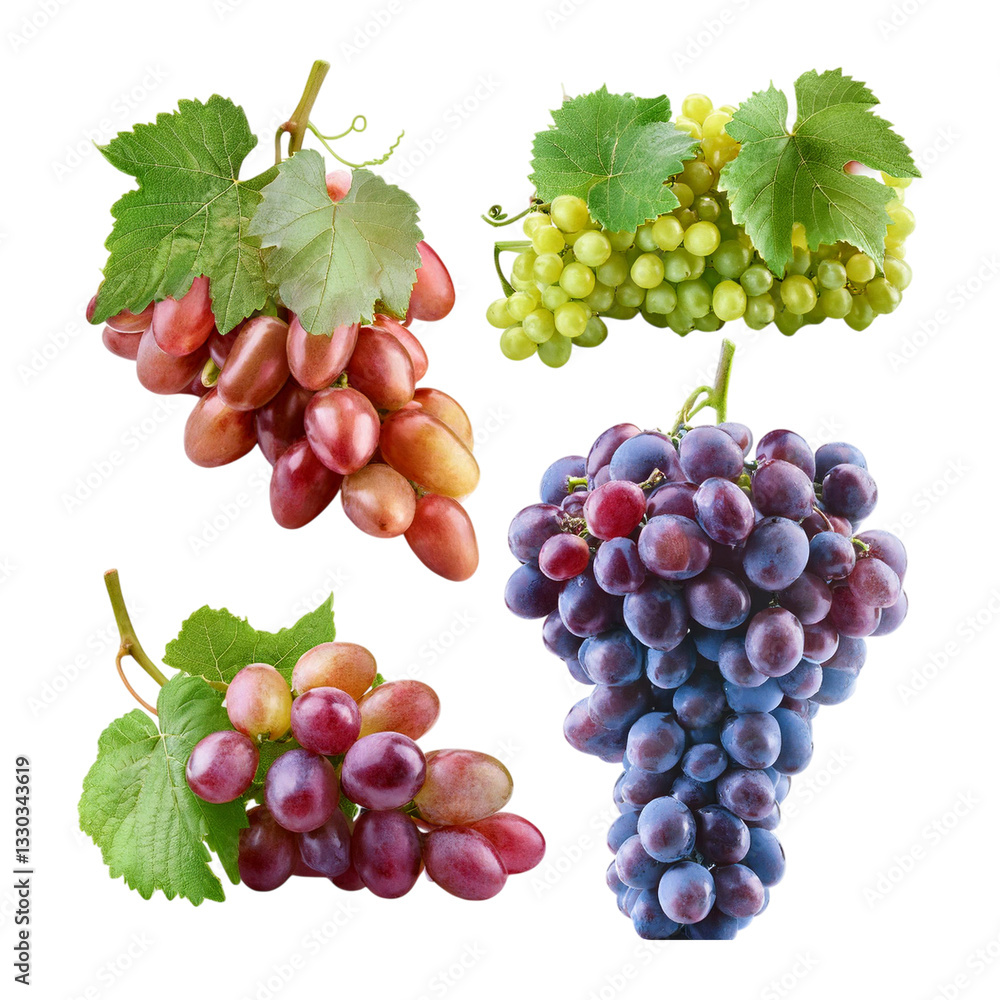 Obraz premium Fresh Grapes Collection in Varied Colors with Lush Green Leaves, isolated on transparent background