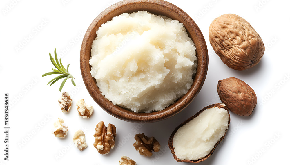 Shea butter in bowl and nuts isolated on white, top view Shea butter in bowl and nuts isolated on white, top view