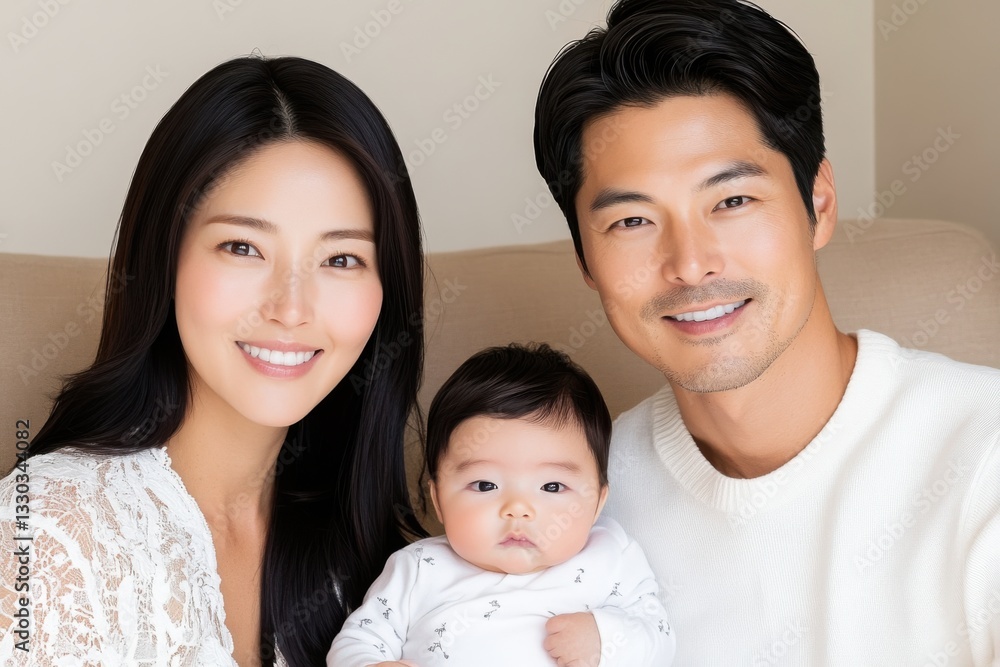 Korean couple enjoying family time together with their newborn and toddler on a cozy beige sofa in a warm, minimalist home setting Korean couple enjoying family time together with their newborn and toddler on a cozy beige sofa in a warm, minimalist home setting