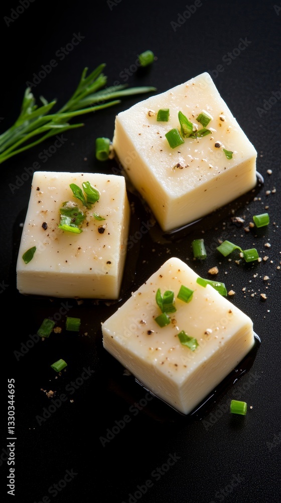 Marinated feta cubes garnished with herbs on a dark background creating a gourmet presentation Marinated feta cubes garnished with herbs on a dark background creating a gourmet presentation