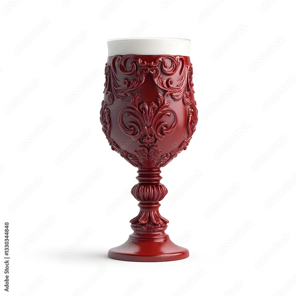 Ornate Red Goblet with Intricate Carving Design Filled with Creamy Beverage