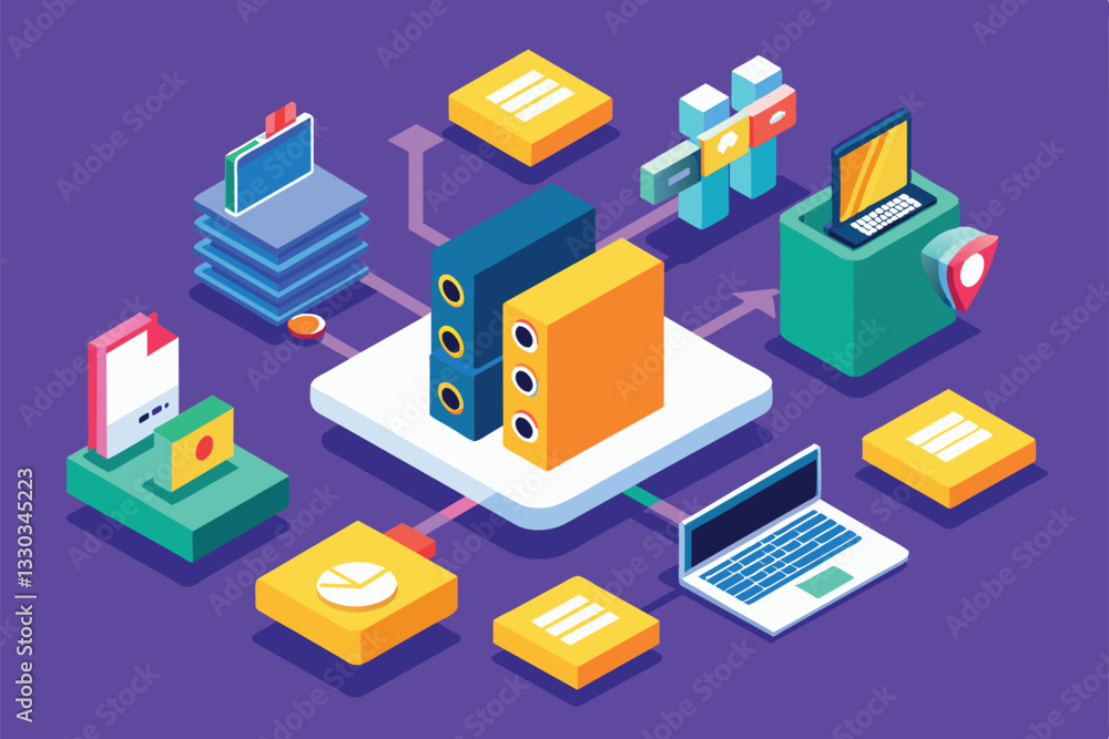 Illustration depicts customizable file transfer between various devices and secure storage solutions, Transfer files Customizable Isometric Illustration Illustration depicts customizable file transfer between various devices and secure storage solutions, Transfer files Customizable Isometric Illustration