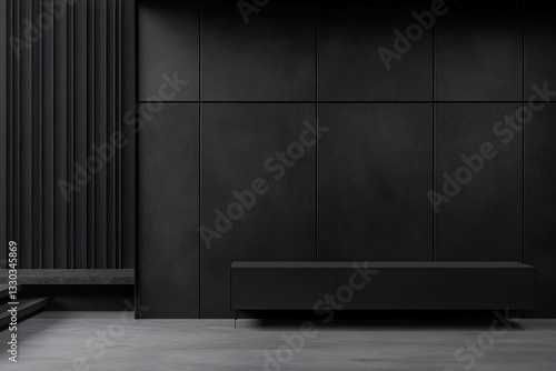 Modern minimalist black interior with console.