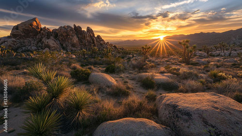 Stunning desert landscape sunset dramatic golden rays rocks yucca plants sky dry view warm arid wild