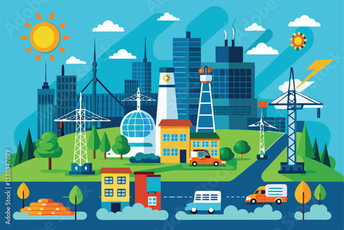 The illustration depicts a city with power lines, buildings, and various energy sources on a sunny day, Transmission of electricity and energy from power plants to city,