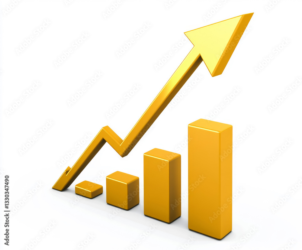 3d golden bar graph with rising arrow showing business growth and financial success on white background
3d golden bar graph with rising arrow showing business growth and financial success on white background