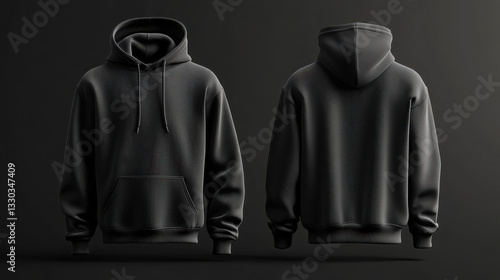 Front and back views of a plain black hoodie on a black background.