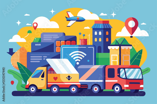 Illustration showcases delivery trucks, buildings, and an airplane in a vibrant urban landscape, Transportation and delivery, Poster or banner,