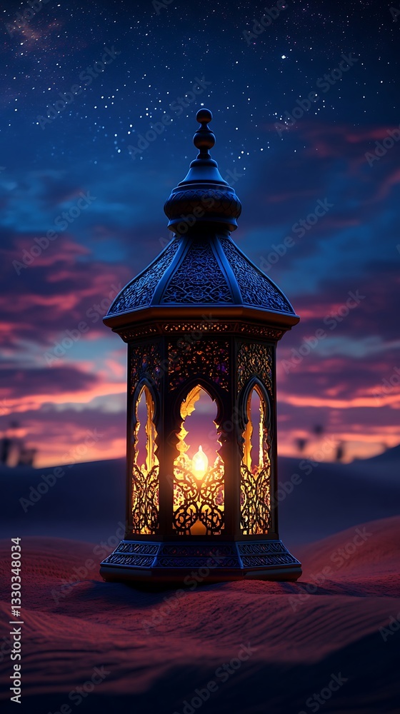 Illuminated lantern in desert at dusk. Illuminated lantern in desert at dusk.