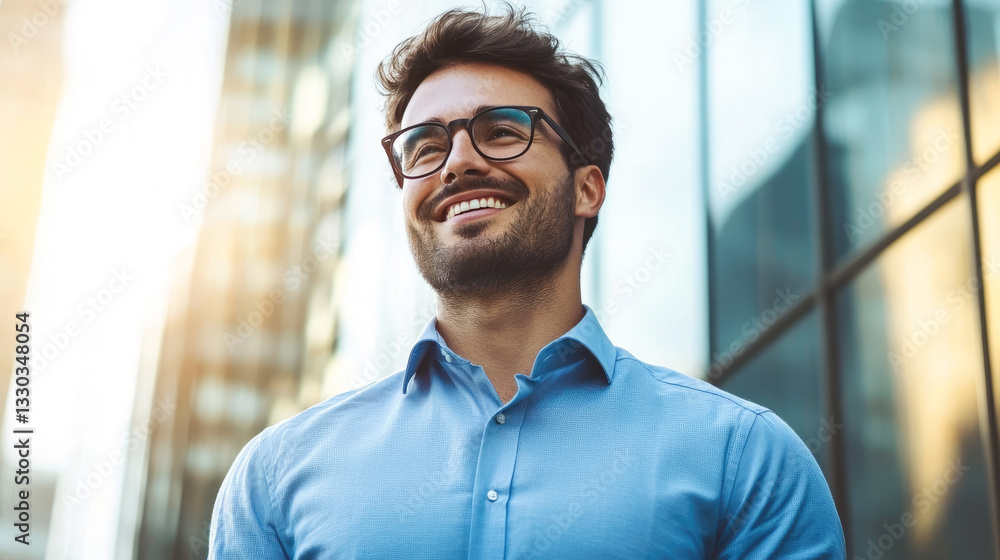 Obraz premium A cheerful man wearing glasses is captured in an urban environment, representing confidence, success, and optimism in modern life.