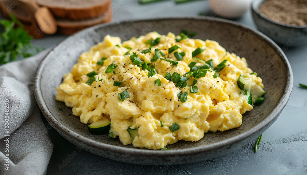 Scrambled eggs with zucchini and rye bread Scrambled eggs with zucchini and rye bread