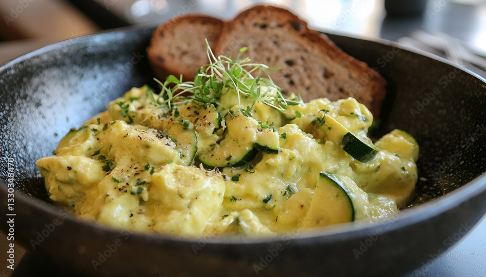 Scrambled eggs with zucchini and rye bread Scrambled eggs with zucchini and rye bread