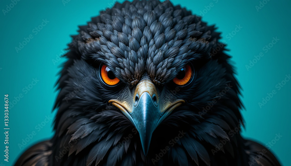 A powerful black eagle is shown with its fierce gaze and intricate feather patterns. The bright background highlights its regal appearance and sharp features A powerful black eagle is shown with its fierce gaze and intricate feather patterns. The bright background highlights its regal appearance and sharp features