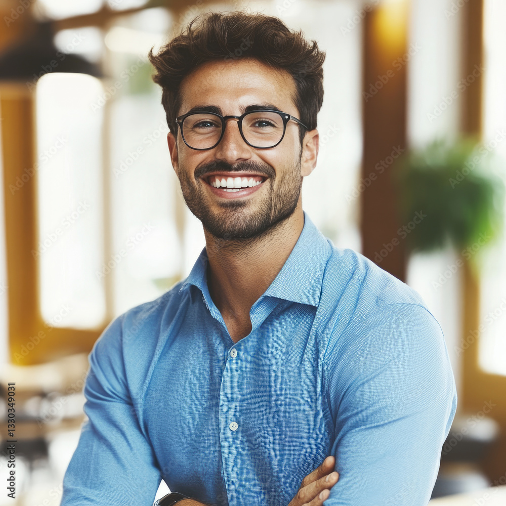 Naklejka premium A confident young man with glasses smiles warmly in a stylish cafe, showcasing a friendly and inviting atmosphere perfect for socializing and relaxation.
