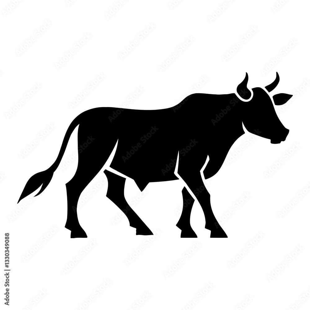 Fototapeta premium Cow Full Body Silhouette with Horn Standing Viewed from Side in Black and White Outline Line Art Drawing