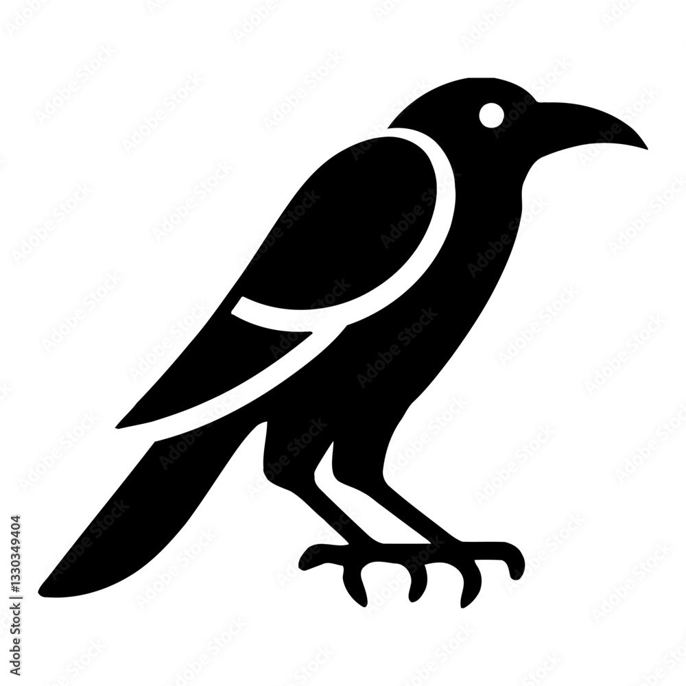 Fototapeta premium Minimalist Full Body Crow Silhouette Symbol in Detailed Black and White Outline Line Art Drawing