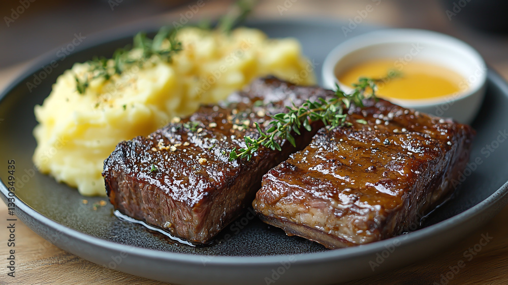 Grilled steak cut into slices and seasoned with rosemary Grilled steak cut into slices and seasoned with rosemary