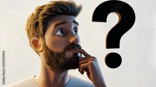 Stylized cartoon character scratching his beard while staring at a giant question mark, symbolizing confusion or brainstorming.
