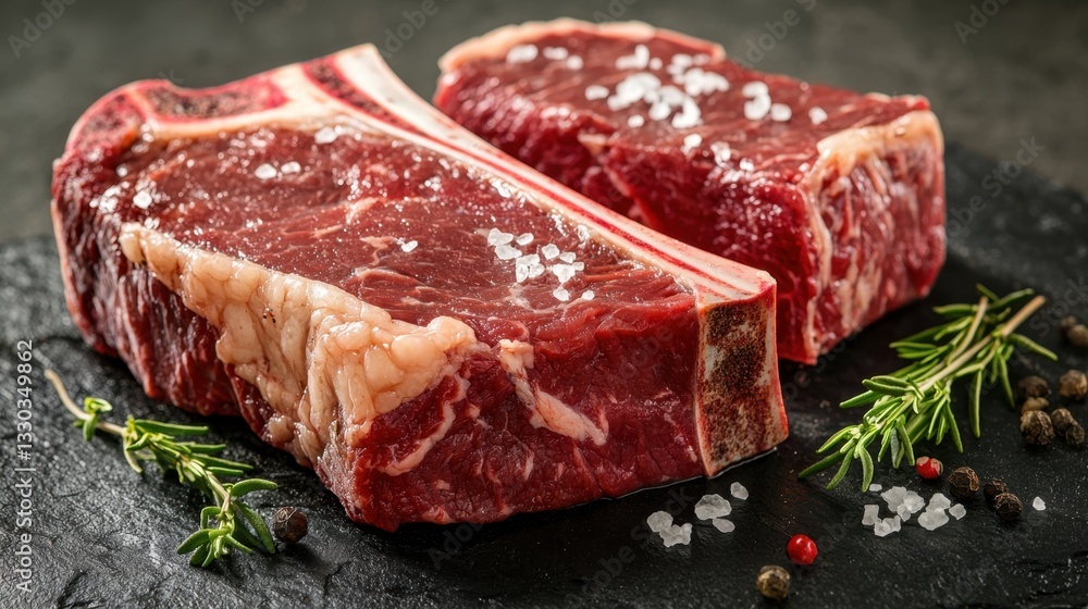 Raw beef steaks are displayed on a slate board with sprigs of fresh herbs and a sprinkle of sea salt, highlighting their rich color and marbling Raw beef steaks are displayed on a slate board with sprigs of fresh herbs and a sprinkle of sea salt, highlighting their rich color and marbling