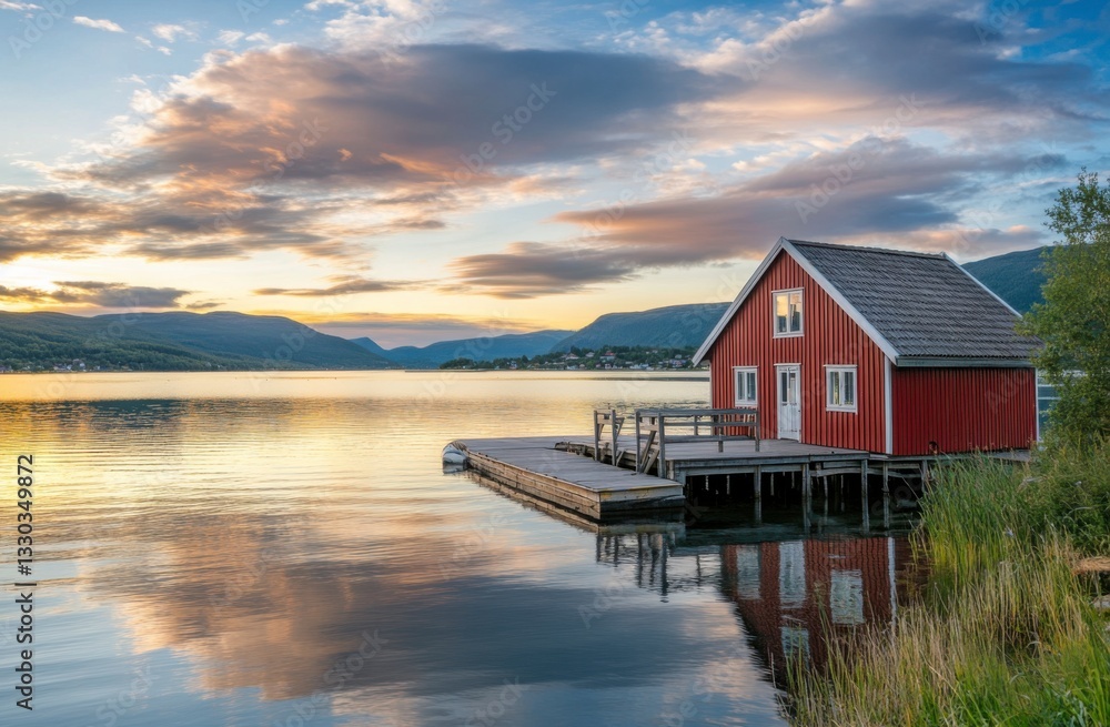 A red house by the water with a wooden dock and a sunset sky in Norway, Europe. Beautiful landscape scenery A red house by the water with a wooden dock and a sunset sky in Norway, Europe. Beautiful landscape scenery