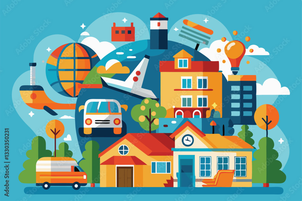 This illustration showcases various homes, vehicles, and landmarks, highlighting travel and relocation themes, Travel, change of apartment or home, This illustration showcases various homes, vehicles, and landmarks, highlighting travel and relocation themes, Travel, change of apartment or home,