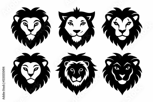 lion face icon set line art silhouette vector illustration