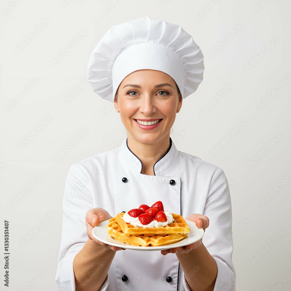 Female Chef with Fluffy Belgian Waffles Female Chef with Fluffy Belgian Waffles