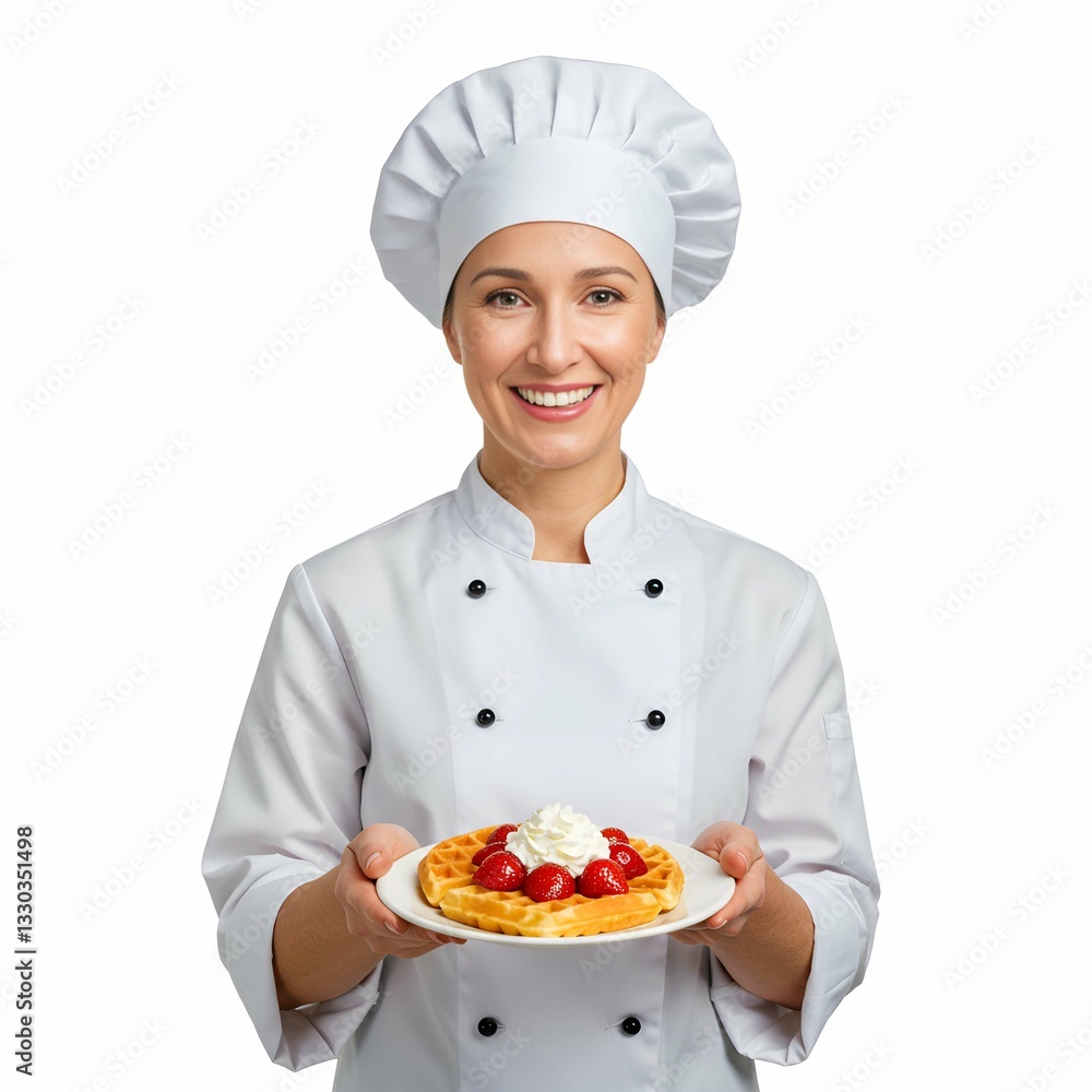 Female Chef with Fluffy Belgian Waffles Female Chef with Fluffy Belgian Waffles