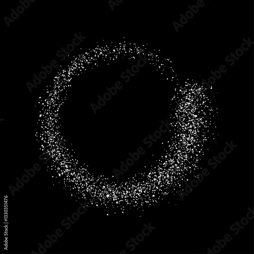 White flour powder round frame isolated on black background with copy space. Shiny ring of silver confetti. Vector circle of salt or snow spray texture