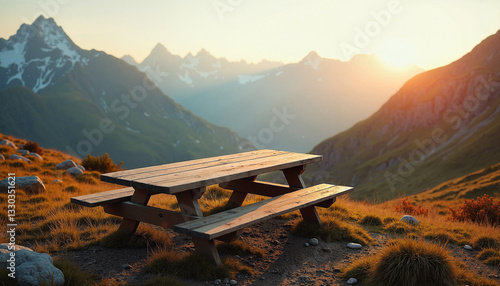 Wooden picnic table in mountain scenery at sunset, Picnic table, Picnic in the park