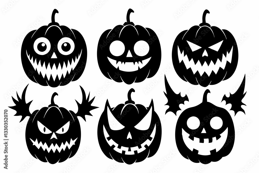 scary and funny faces of halloween pumpkin set line art silhouette vector illustration