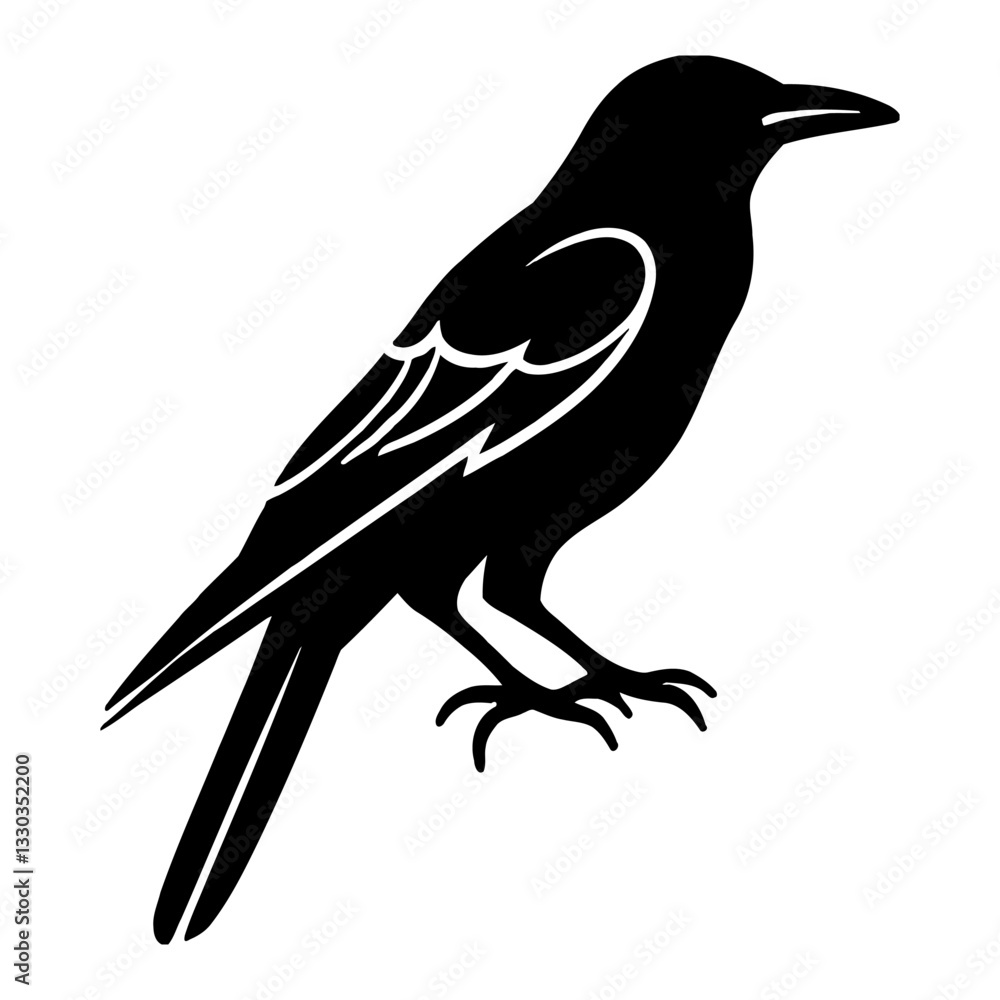 Fototapeta premium Minimalist Raven Full Body Logo Black and White Outline Line Art Drawing of Bird Silhouette