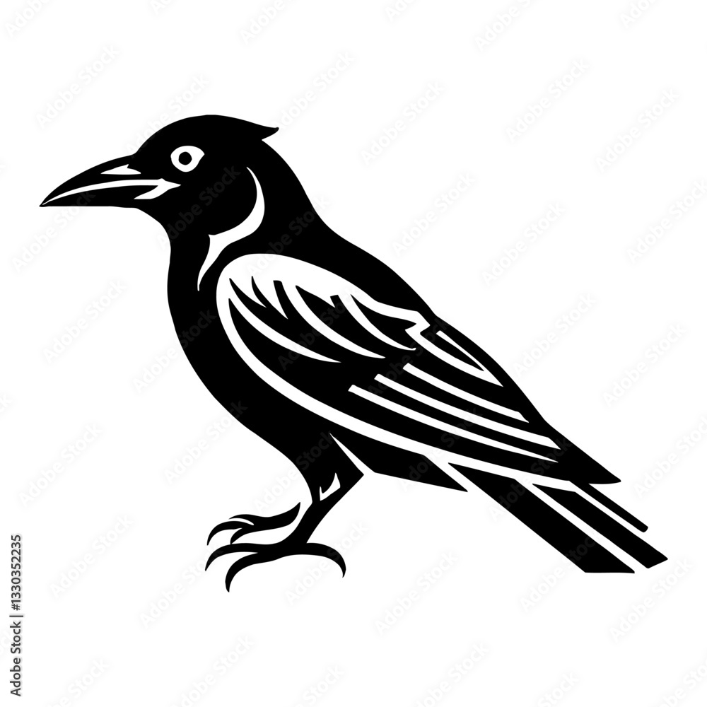 Fototapeta premium Full Body Raven Front View Staring with Line Minimalist Logo Style Black and White Outline Line Art Drawing