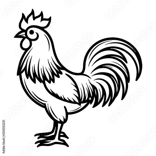 Minimalist Full Body Rooster Black and White Outline Line Art Drawing of Farm Animal Mascot Style