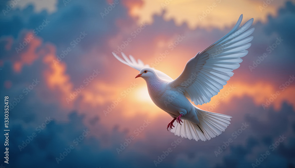 Obraz premium A white dove is captured mid-flight with its wings spread wide, gliding gracefully against a vibrant sunset. The warm hues of the sky enhance the serene atmosphere