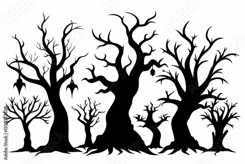 spooky trees set line art silhouette vector illustration