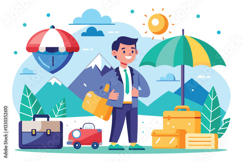 A cheerful traveler stands with bags, an umbrella, and mountains in the background, illustrating travel insurance, Travel insurance Customizable Cartoon Illustration