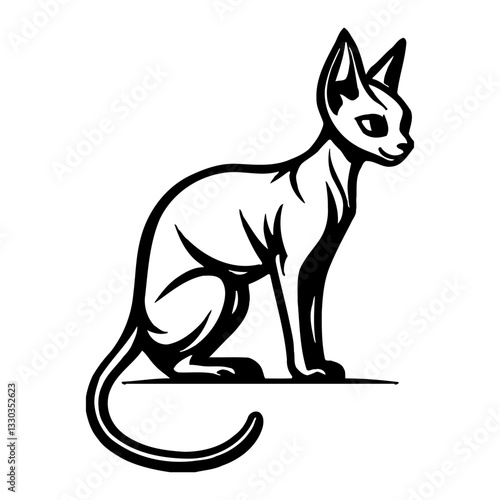 Full Body Sphynx Cat Sitting with Elegant Pose in Minimalist Black and White Outline Line Art Drawing